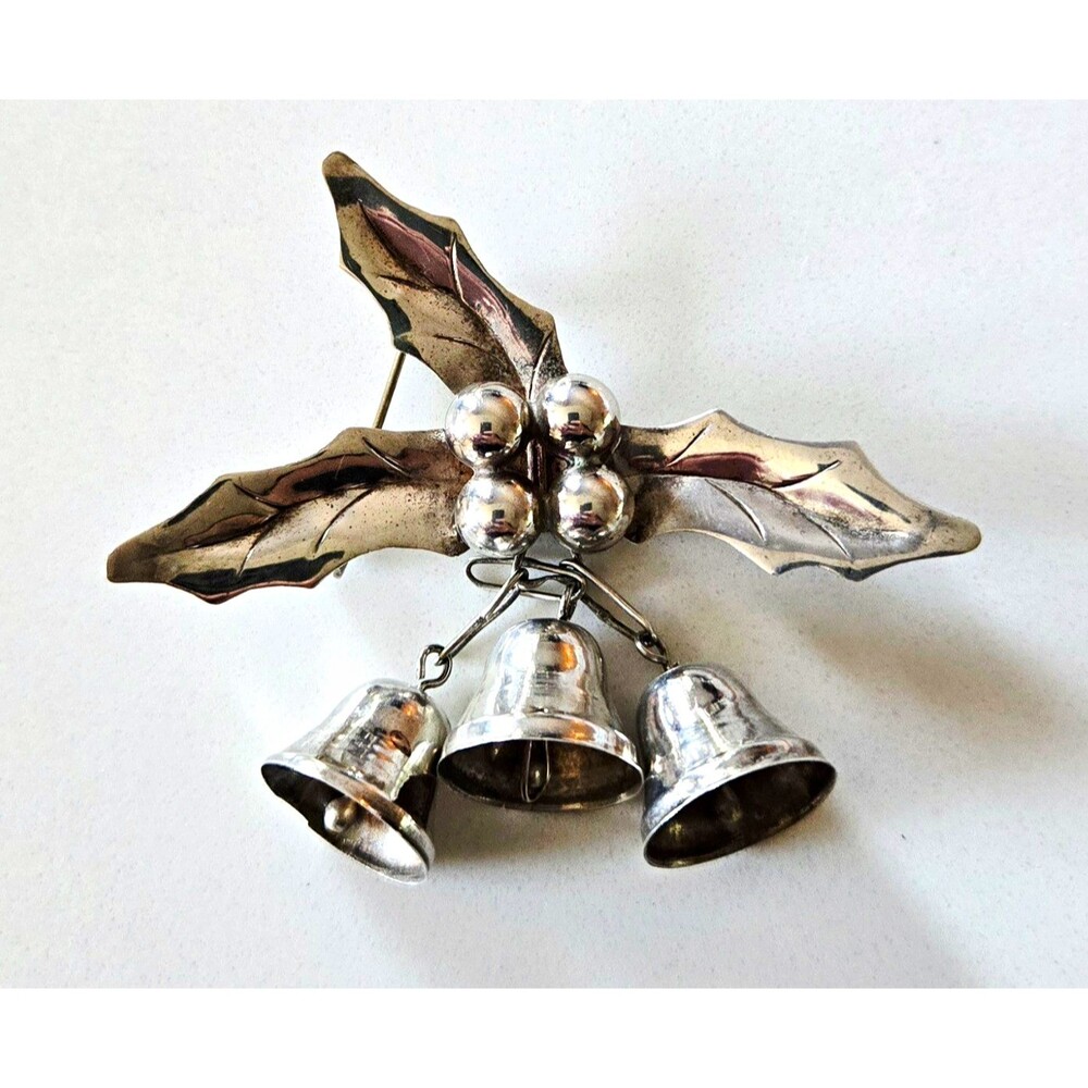 Vtg Taxco Mexico 925 Sterling Silver Christmas Holly Berries 3 Bells Brooch Pin